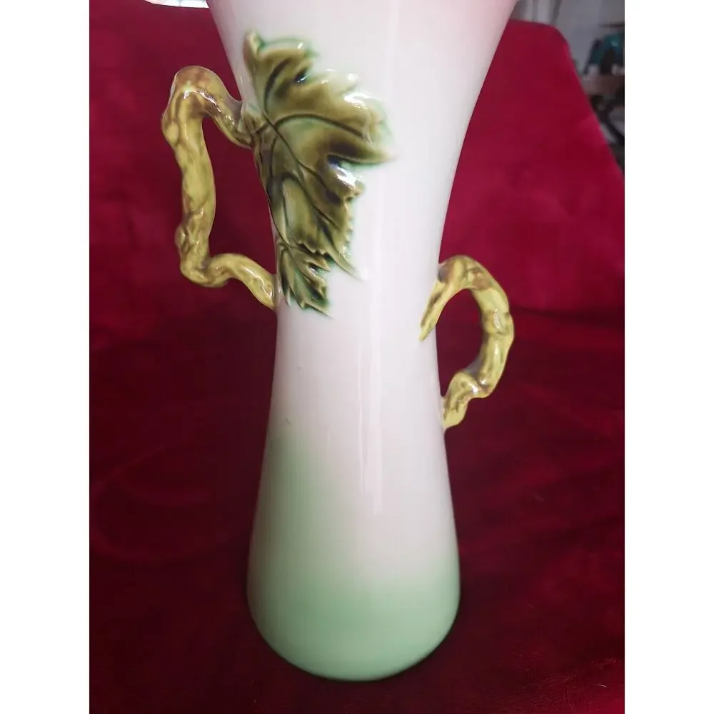 Hull Tokay Pink Green Vase #12 3D Grape Cluster Vine Handle 12